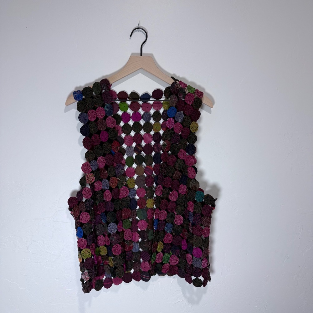 Handmade Yo-Yo Pinwheel Patchwork Vest Cottagecore Wearable Art Multi Jewel Tone